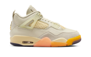 Air Jordan 4 "Birds of Paradise" retro clad in a "Coconut Milk/Metallic Gold/Muslin/Bright Mango/Sundial/Black" color scheme.