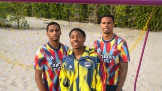Jurrien Timber, Myles Lewis-Skelly, Gabriel Magalhães for Arsenal x Adidas 25-25 Pre-Match/Culturewear collection.