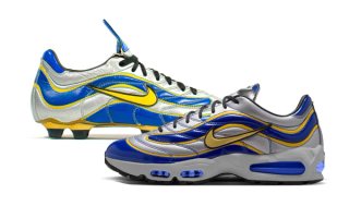 Original NIKE MERCURIAL R9 1998 WORLD CUP Boots worn next to a speculative Nike Air Max Joga Bonito sneaker mock-up.