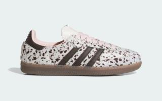 Women's adidas Samba Jane "Cow Print" in a "Supplier Color/Aurora Coffee/Sandy Pink" color scheme.