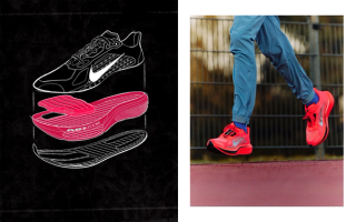 Left: Tech Breakdown of the Nike Pegasus Plus 2; Right: On-foot Look. Photos via Nike.