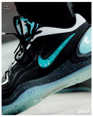 A'ja Wilson of the Las Vegas Aces wearing a Danny Phantom-inspired Nike A'Two basketball shoe. Photo via Las Vegas Aces.