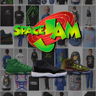 Four Jordan Brand releases celebrating the 30th anniversary of Space Jam—including the Air Jordan 11 "Space Jam," Air Jordan 11 "Green Screen" & Bugs Bunny Wings T-Shirt in "Black." Photos via Nike, size?, GOAT, @kicksdong on Instagram.