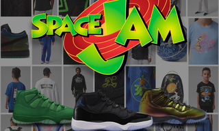 Four Jordan Brand releases celebrating the 30th anniversary of Space Jam—including the Air Jordan 11 "Space Jam," Air Jordan 11 "Green Screen" & Bugs Bunny Wings T-Shirt in "Black." Photos via Nike, size?, GOAT, @kicksdong on Instagram.