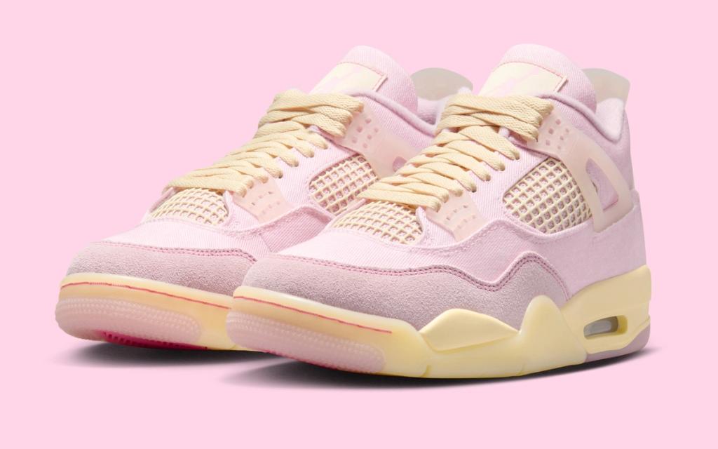Women's Air Jordan 4 'Iced Carmine' in carmine red and iced colorway, showing side profile of the iconic silhouette with netted panels and signature Jordan wings