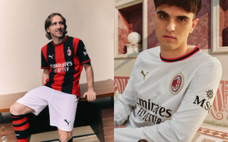 Luka Modrić wearing the AC Milan 2026-27 Home kit by PUMA; Davide Bartesaghi wearing the AC Milan 2026-27 Away kit by PUMA.