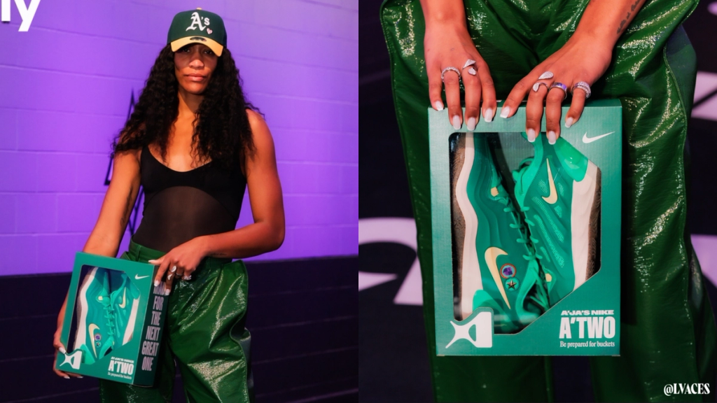 Nike A'Two PE in Girl Scout-inspired green and gold colorway, designed for A'ja Wilson