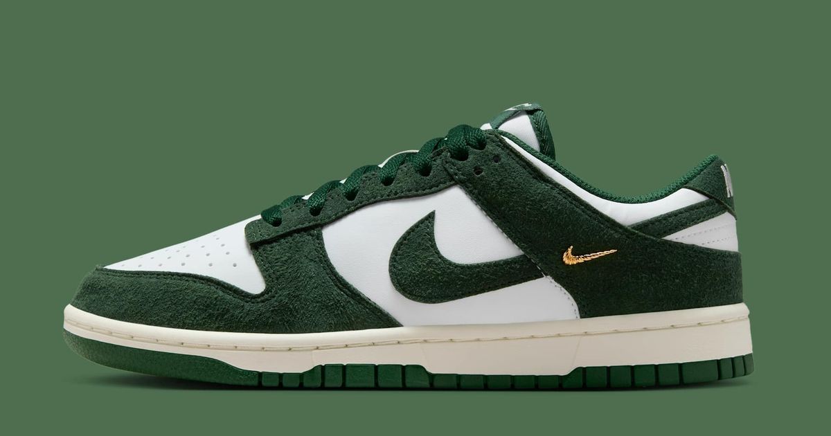 Dunks Mini Nike Dunk Low “Gorge Green” Features Premium Suede and Gold Mini Swoosh ...