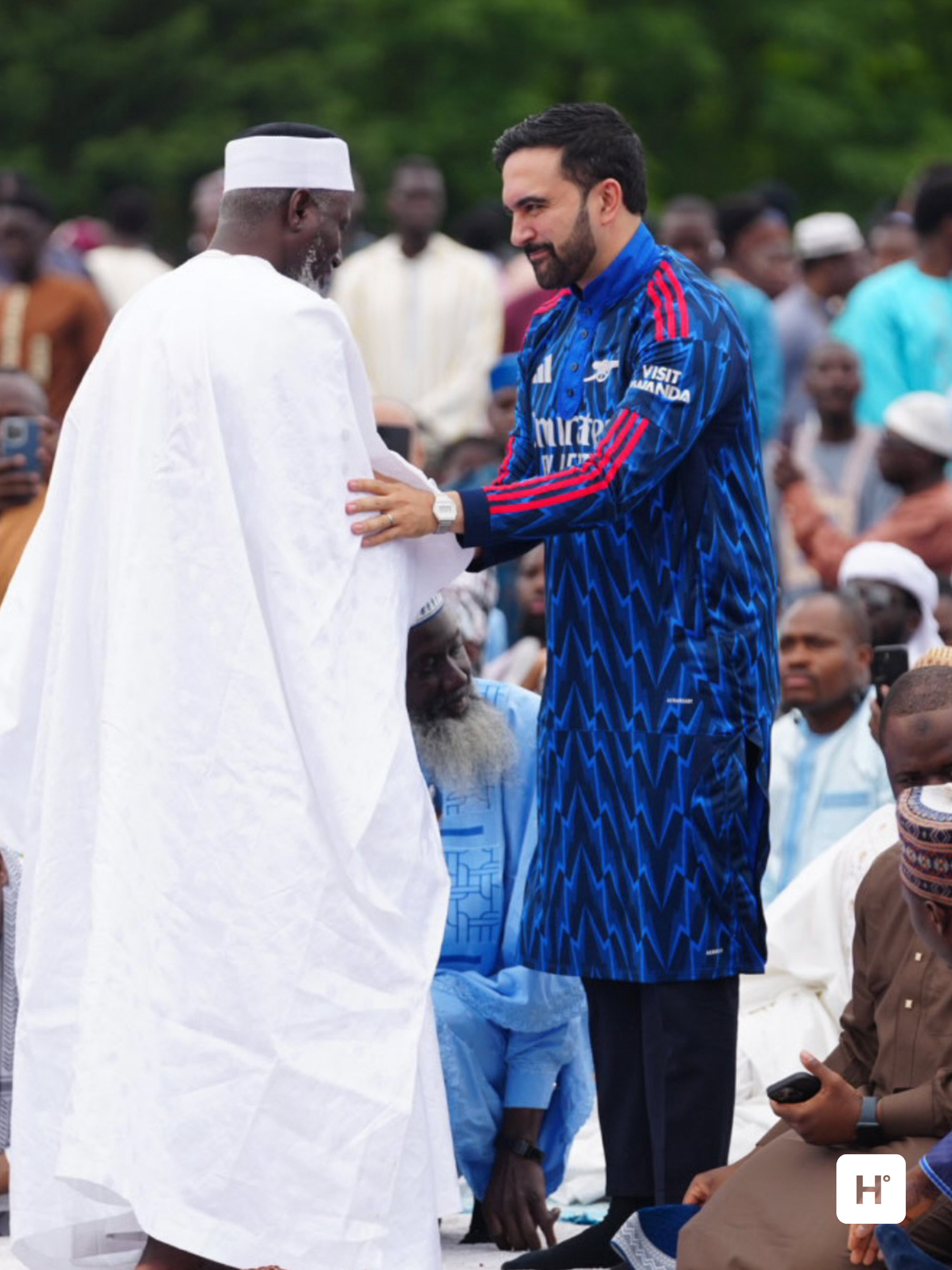 Zohran Kwame Mamdani wearing custom Arsenal 25/26 Away jersey thobe.