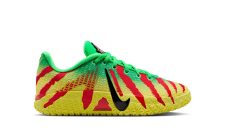 Jurassic Park x Nike Ja 3 basketball shoe in a "Green Spark/University Red/Dynamic Yellow/Noir" color scheme.