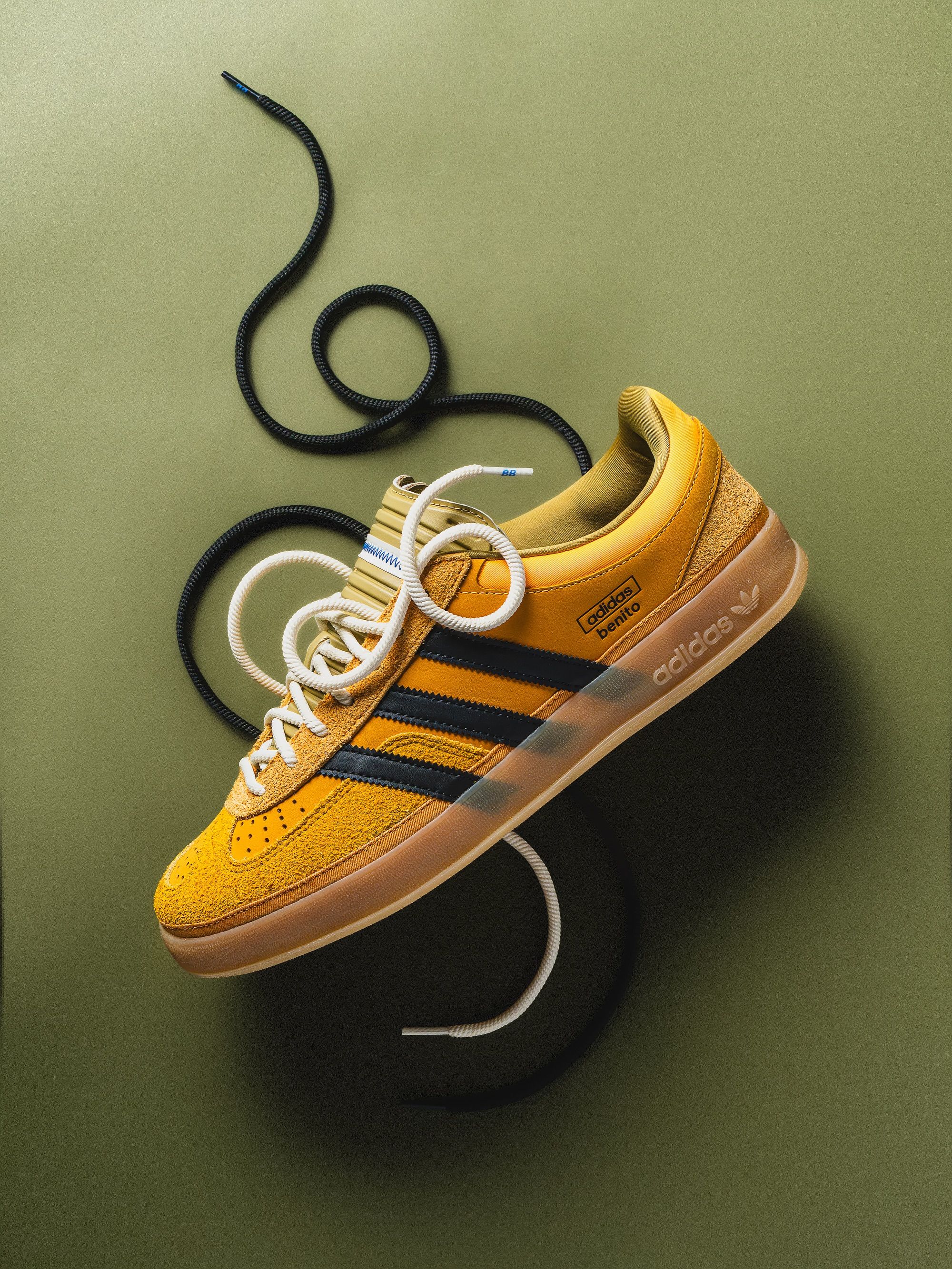 Bad Bunny's "Solar Gold" adidas Gazelle Indoor collaboration photographed by @ad__sneaks on Instagram.