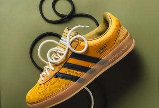 Bad Bunny's "Solar Gold" adidas Gazelle Indoor collaboration photographed by @ad__sneaks on Instagram.