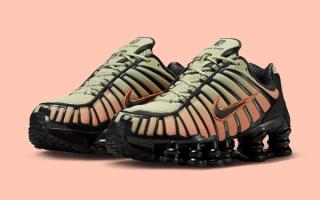 Nike Shox TL in an "Off Noir/Olive Aura/Orange Frost" color scheme.