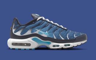 Medial angle of Nike's Air Max Plus featuring a "Blue Chill" grid pattern across the upper.
