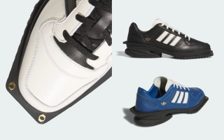 Adidas Originals' experimental Forum Cubism silhouette in white, black, and blue color schemes.