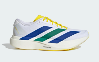 Adidas Adizero Evo SL running shoe in a "Yellow/Royal Blue/Iron Metallic" seemingly inspired by Brazil's National Football Team.