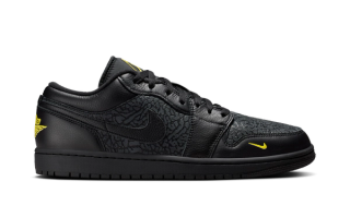Air Jordan 1 Low "Black Elephant Print" retro in a "Black/Anthracite/Tour Yellow" color scheme.