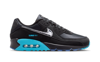 Nike Air Max 90 "Scorpion" big bubble pair in a black-and-gamma-blue color scheme.