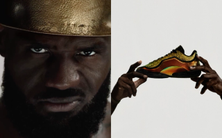LeBron James in a crown as part of Nike's 'Forever King' LeBron 23 campaign next to the golden "Uncharted" LeBron 23.
