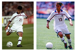 From left: Claudio Reyna, Cobi Jones wearing USMNT's 1998 Home jersey by Nike.