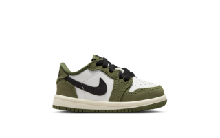 Placeholder for Toddler Air Jordan 1 Low OG in a "Medium Olive/Black/Summit White/Sail" color scheme.