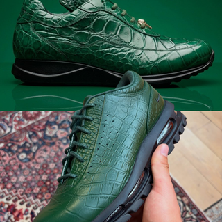 Top: Mauri 8900 boot-sneaker in a "Hunter Green" gator skin. Bottom: Reminiscent Nike Air Max Goadome Low boot in green. Photos via Photos via Cellini Uomo, @wegotnotaste on Instagram.