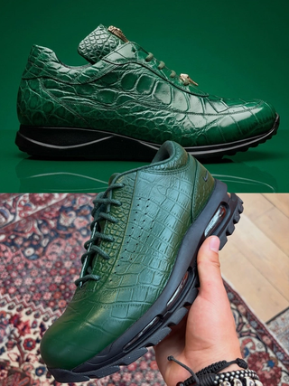 Top: Mauri 8900 boot-sneaker in a "Hunter Green" gator skin. Bottom: Reminiscent Nike Air Max Goadome Low boot in green. Photos via Photos via Cellini Uomo, @wegotnotaste on Instagram.