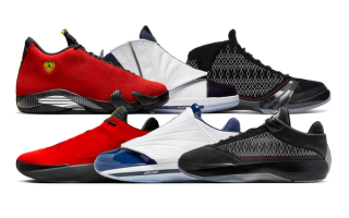 Air Jordan 40 in "Ferrari," "Midnight Navy," and "Black Stealth" color schemes inspired by the Air Jordan 14, Air Jordan 23, and Air Jordan 16, respectively.