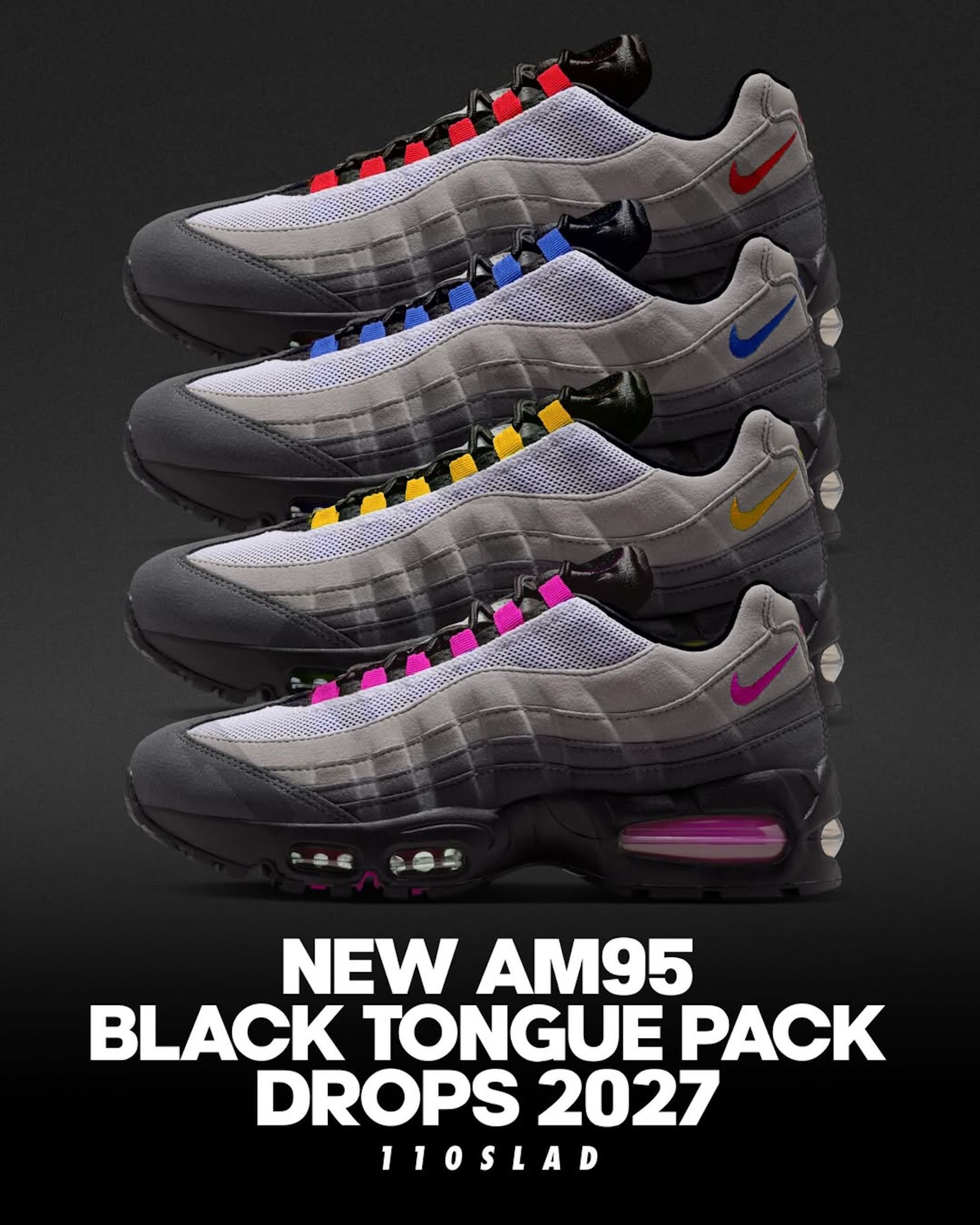 Speculative mock-up of four Nike Air Max 95 "Black Tongue" pack pairs, by 110s Lad.