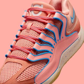 Close-up of Kevin Durant's Nike KD 18 in an "Atomic Pink" color scheme.