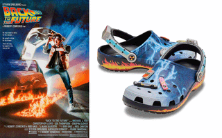 Different angles of the Back to the Future-inspired Crocs Classic Clog collaboration celebrating the film's 40th anniversary.