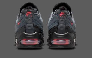 Heel angle of Nike's Air Max 95 in a "Black/Bright Crimson/Anthracite/Iron Grey" color scheme.