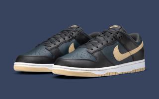 The Nike Dunk Low sports in Black, Navy and Tan