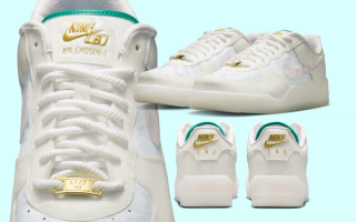 "White Marble" Nike Air Force 1 for LeBron James, featuring a crown-shaped sole unit and goat logos.