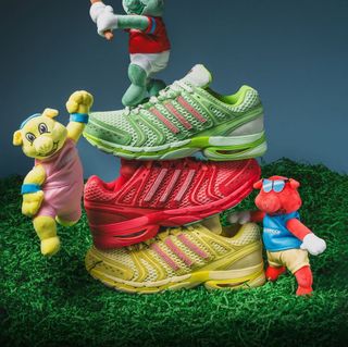 UNheardof's adidas Originals "Piggy Runner 2.0" AdiStar Control 5 collection, featuring green, red, and yellow pairs.