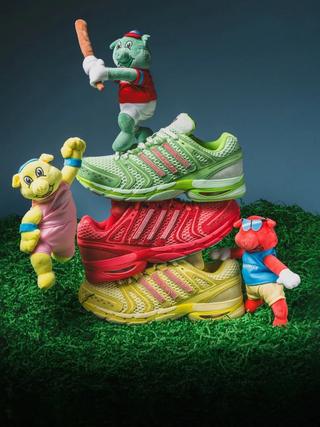 UNheardof's adidas Originals "Piggy Runner 2.0" AdiStar Control 5 collection, featuring green, red, and yellow pairs.