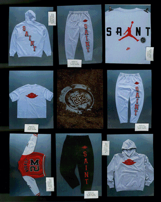 Apparel collection by Saint Mxxxxxx for Jordan Brand, which includes a varsity jacket.