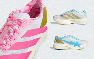 A BATHING APE® x adidas Adizero Evo SL mismatched running sneaker, which features pink and blue camo details.