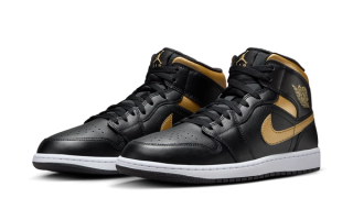 The Jordan 1 Mid Appears In Metallic Gold and Black 