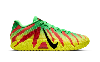 Jurassic Park x Nike Ja 3 basketball shoe in a "Green Spark/University Red/Dynamic Yellow/Noir" color scheme.