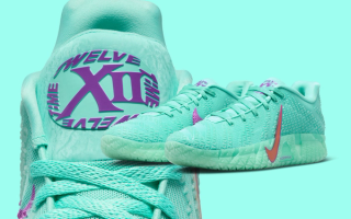 Big Kids' Nike Ja 3 "12 Time" basketball shoe in a "Bleached Turquoise/Vivid Purple/Safety Orange" color scheme.