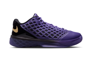 FC Barcelona x Nike Kobe 3 Low in a "Black/Metallic Gold/Electro Purple" color scheme.