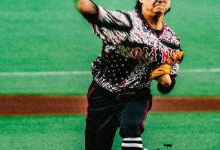 Campaign photo for Jordan Brand's special-edition baseball uniform for Japan's Yomiuri Giants, featuring Nomarhythm Textile material.