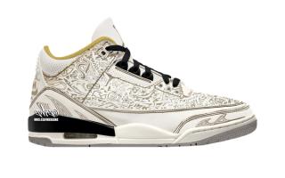 Air Jordan 3 “Laser” retro in a "Phantom/University Red/Palomino/Sail" color scheme.