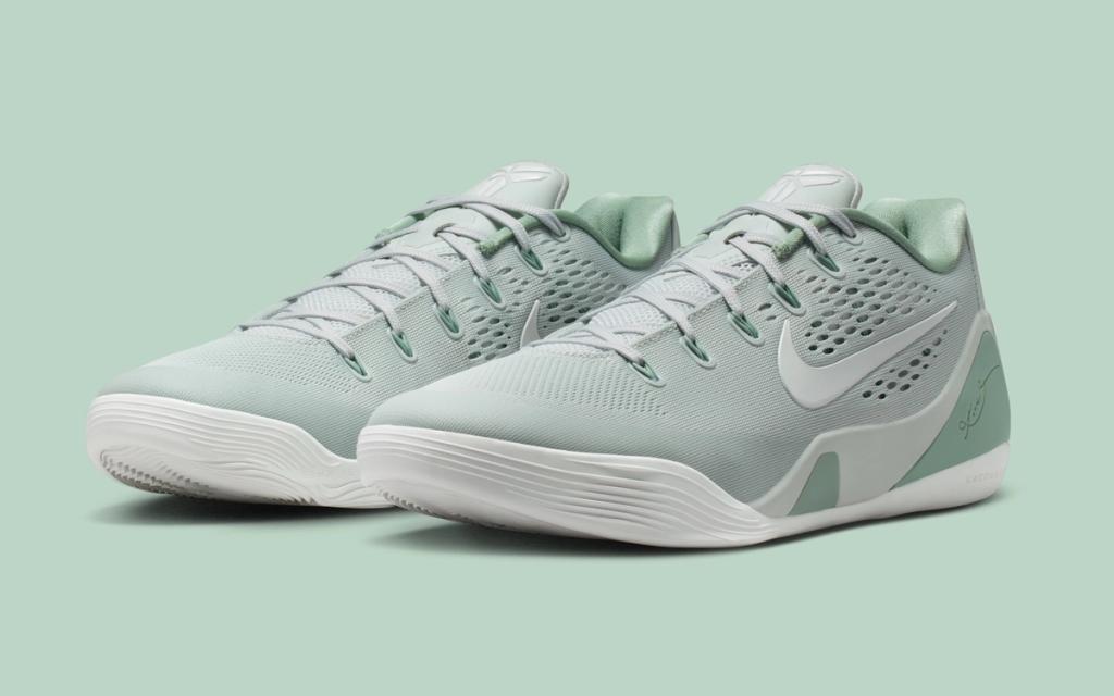 Nike Kobe 9 Elite Low EM Protro in pastel green colorway, lateral and medial side view