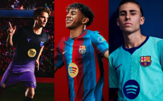 Lamine Yamal & others wearing FC Barcelona's 2026/27 Home, Away & Third jerseys by Nike.