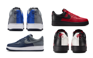 Two Nike Air Force 1 Low pairs featuring navy-and-grey and black-and-red color schemes, complete with mismatched heel panels.