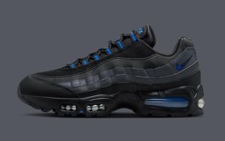 Nike Air Max 95 in a "Black/Black/Dark Grey/Game Royal" color scheme.