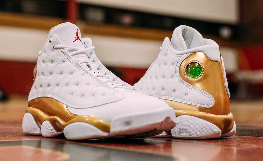 Jordan 13 white and gold best sale