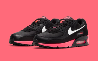 Men's Nike Air Max 90 in a "Black/Racer Pink/White" color scheme.